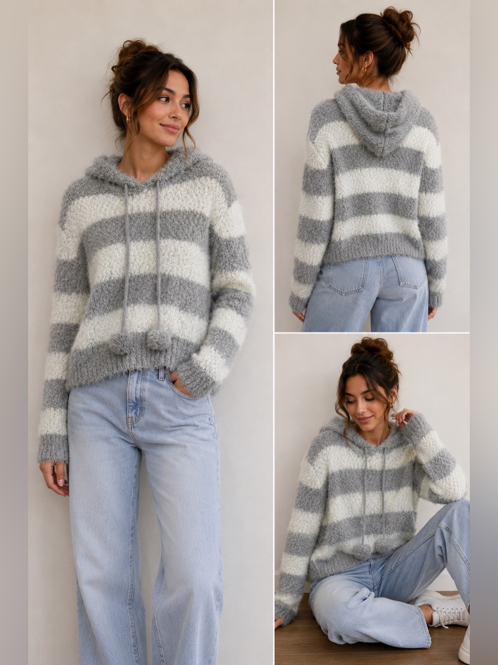 Gray and White Neck Sweater with Hood with Plush Texture